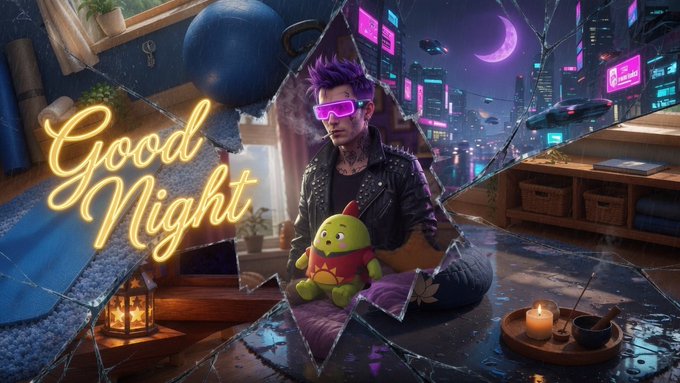 The image features a man sitting on the floor with a green frog stuffed animal, surrounded by various objects such as a candle, a cup, and a keyboard. The background of the image shows a cityscape at night, with neon lights illuminating the scene. The caption for this image reads "Good Night" in yellow letters above the man holding the frog, while below it is a post discussing the concept of GameFi and its focus on existing habits rather than inventing new ones.
