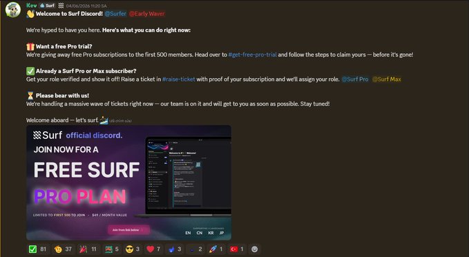 The image shows an email or message from someone named @SurfAI, which appears to be a promotional email for Surf AI. The text of the email highlights the importance of AI in the crypto world, stating that "Focus on what is in the image and how it relates to the post". This suggests that the person who sent the email wants to emphasize the significance of using AI tools like Surf AI to gain insights into the crypto market.