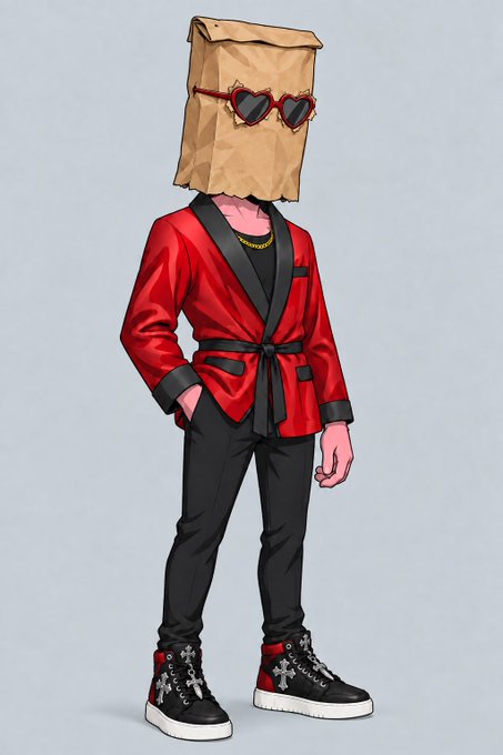 A stylish figure wears a red blazer, black pants, and high-top sneakers while donning a brown paper bag over their head, featuring red heart-shaped sunglasses cutouts. The image playfully illustrates the post's message about ZCAT delivering a bag of Zcash valued at $1,500, emphasizing that the $ZCAT meme token now offers real financial rewards.