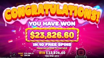 The image shows a colorful casino slot machine win screen displaying "CONGRATULATIONS! YOU HAVE WON $23,826.60 IN 10 FREE SPINS" against a pink and magenta background with the message "PRESS ANYWHERE TO CONTINUE." This relates to the post about recovering lost money during late-night gambling on the "yeet" platform, with the win screen serving as visual proof of the successful comeback.
