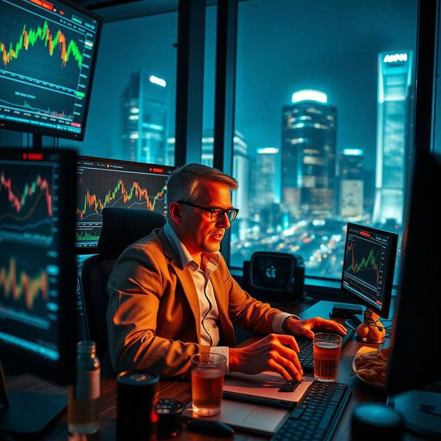 A trader wearing glasses works intently at a desk surrounded by multiple monitors displaying colorful candlestick charts and market graphs, with glasses of beer and snacks nearby, set against a glowing nighttime city skyline. The image visually echoes the post's reminder that while markets fluctuate, personal health and rest should take priority over staring at screens all night.