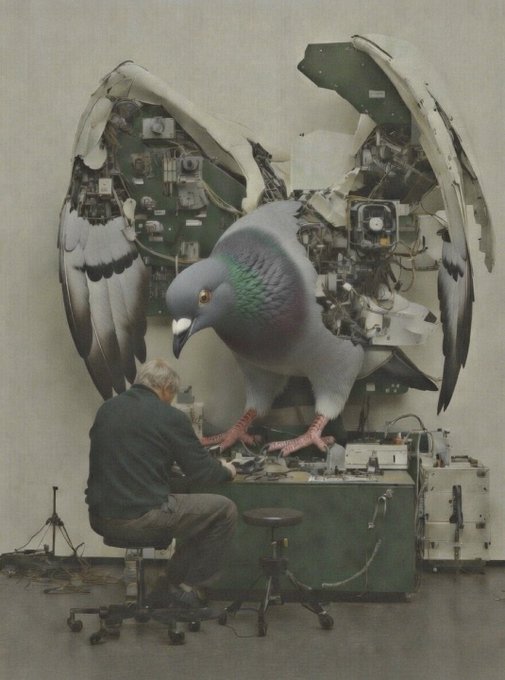 A surreal image of a man sitting at a desk working on electronics, while a giant mechanical pigeon with exposed inner circuitry stands behind him.