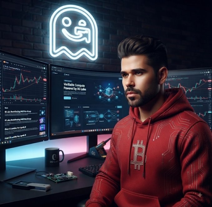 A man in a red Bitcoin hoodie sits at a desk with multiple monitors displaying trading charts and a screen reading 'Verifiable Compute Powered by 0G Labs,' with a 0G neon logo on the brick wall behind him.