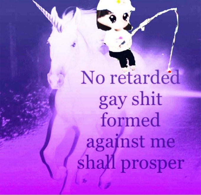 A meme image featuring a cartoon figure riding a glowing purple unicorn with the text 'No retarded gay shit formed against me shall prosper' overlaid.