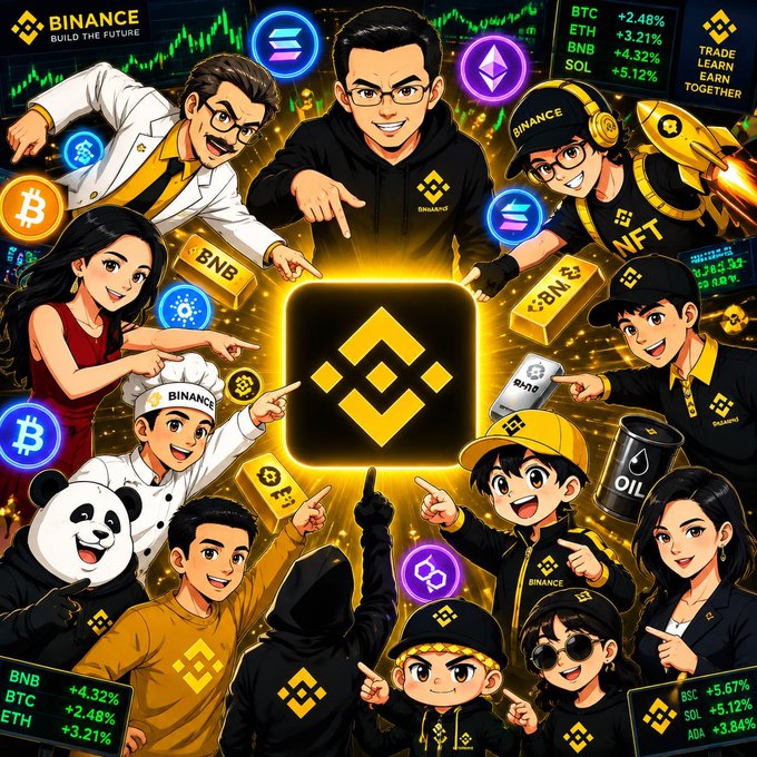 A vibrant Binance-themed illustration showing cartoon characters surrounded by cryptocurrency logos (BTC, ETH, BNB, SOL) and price tickers with gains like '+2.48%', '+3.21%', and '+4.32%'.