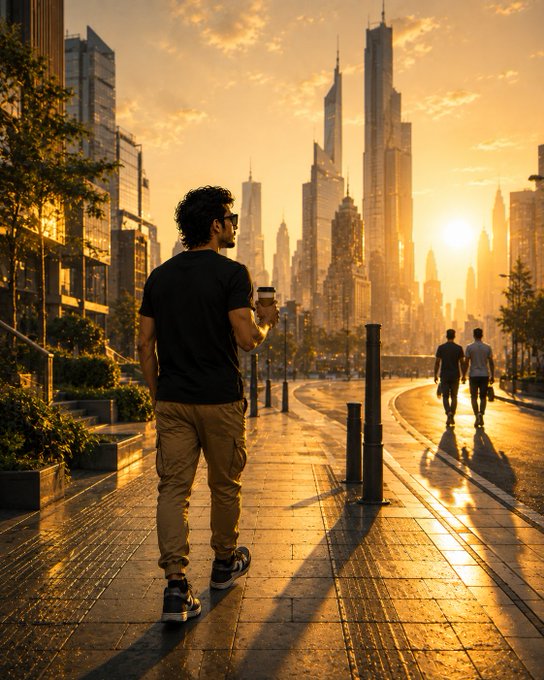 The image shows a man walking down a city street at sunset, holding a coffee cup. The scene includes tall buildings in the background, suggesting an urban setting. There are also two other people visible in the image, one of them carrying a handbag. The overall atmosphere appears to be relaxed and leisurely as the sun sets over the cityscape.