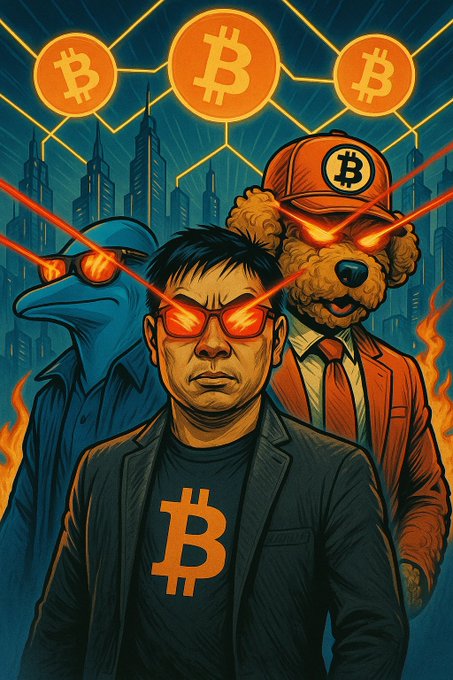 Digital artwork featuring a man wearing a Bitcoin t-shirt and red glowing sunglasses, flanked by a blue bird character and a brown bear character, all set against a futuristic cityscape with Bitcoin logos and laser eyes.