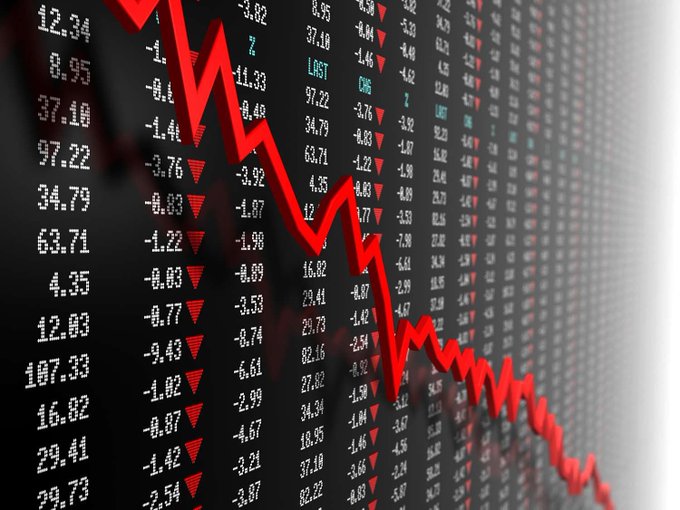 A stock market screen displaying rows of falling numbers in red and white with a prominent red downward trending line graph overlaid, indicating a market decline.