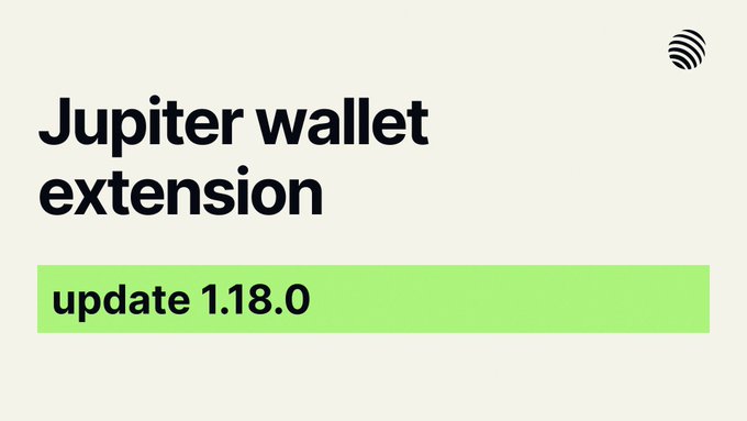 The image is a graphic announcement for the Jupiter Wallet Extension update 1.18.0, featuring the Jupiter logo and bold text on a cream background with a lime green highlight bar. It corresponds to the post's notes about recent wallet improvements, including social login rebranding to Jupiter ID, rent reclaim features, Jupiter Sync enhancements, and a new ticker widget on CoinMarketCap.