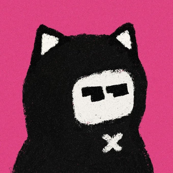 A stylized black cat illustration with pixelated white ears and a white face mask with dark sunglasses against a bright pink background, featuring a small white X mark on its chest.