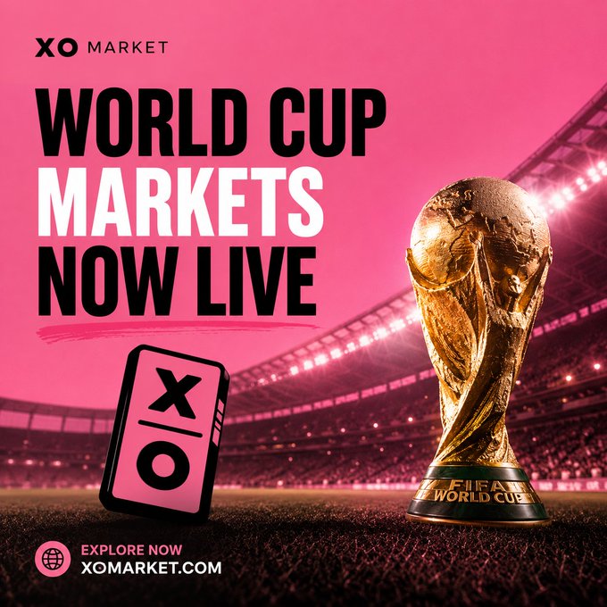 The image features a World Cup trophy sitting next to a pink background that says "World Cup Markets Now Live" at the top of the image. The text "Explore now" is also present in the image, suggesting that this is an advertisement for a new platform or service related to the World Cup markets.