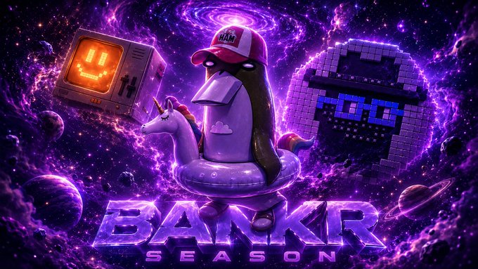 urns of gold and blue, planets, a cartoon penguin, and a cartoon character with glasses are featured on the purple background.