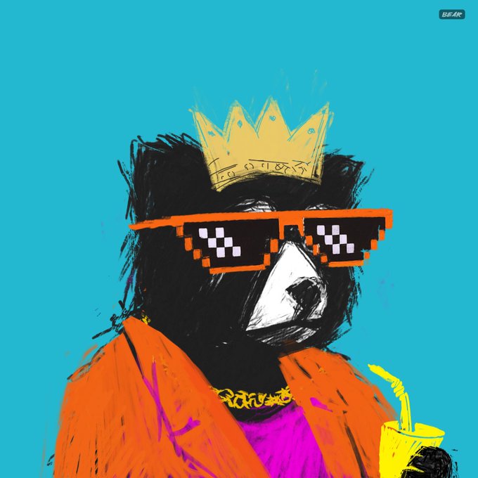 A stylized digital illustration of a bear wearing a yellow crown and pixelated 'thug life' sunglasses, holding a yellow drink with a straw, set against a bright cyan background.