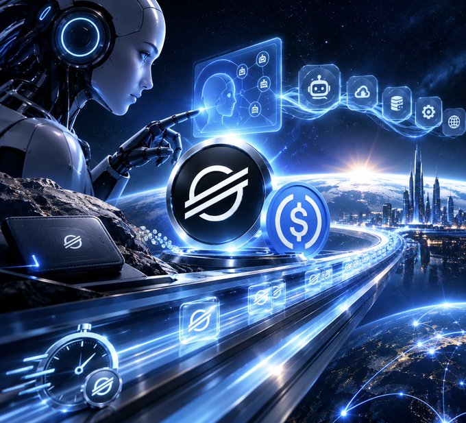 A futuristic digital artwork features an android interacting with holographic cryptocurrency icons, prominently displaying the Stellar (XLM) logo and a USDC token against a neon cityscape.