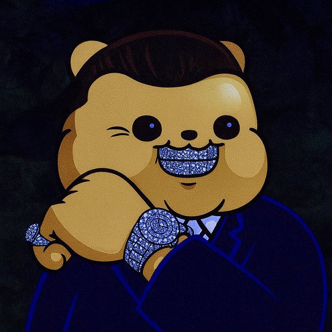 A cartoon illustration of a bear-like character with slicked-back hair, a wide diamond-studded smile, and a matching diamond-encrusted watch, wearing a dark blue suit.