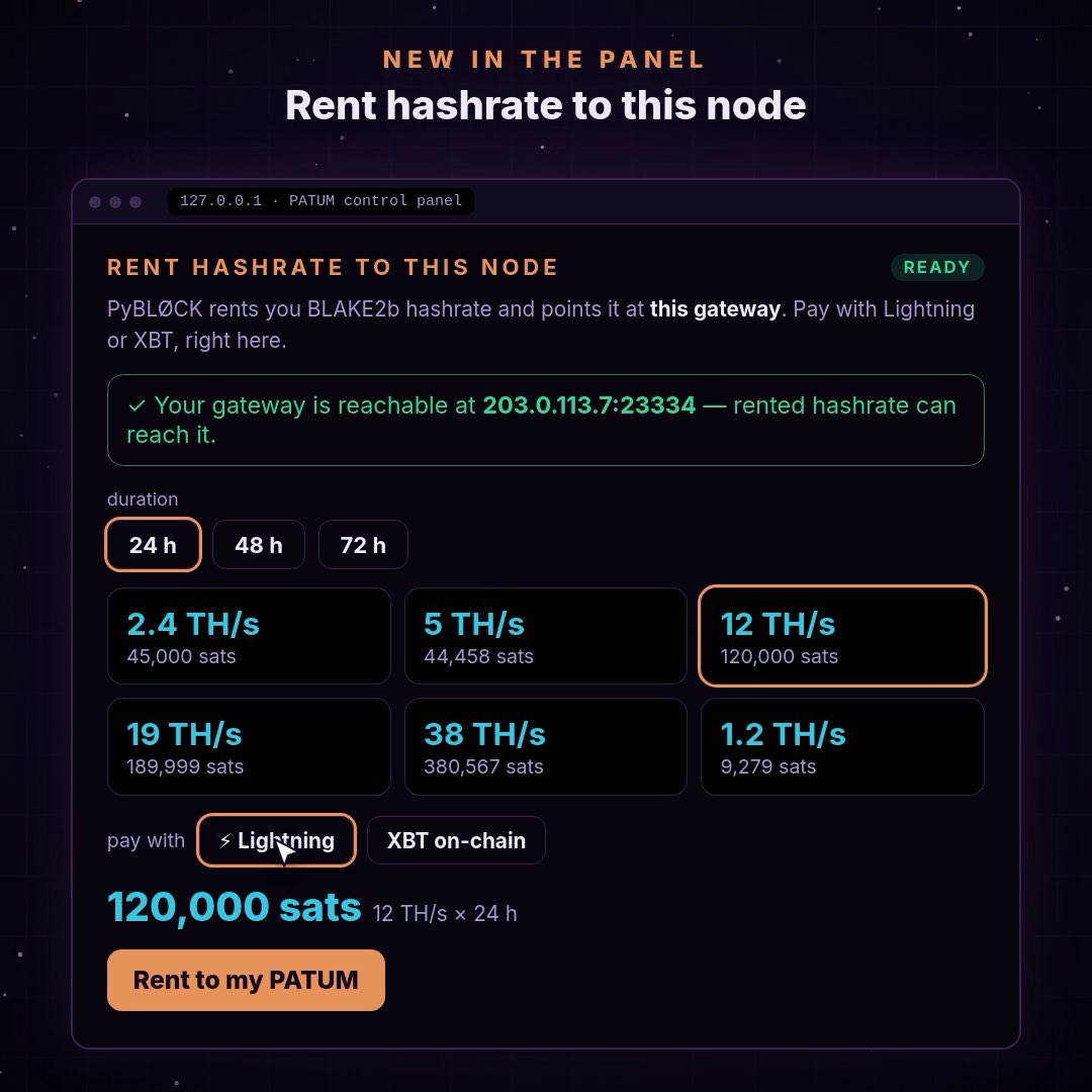 A dark-themed control panel interface titled 'NEW IN THE PANEL - Rent hashrate to this node' showing options to rent BLAKE2b hashrate from PyBLOCK with various TH/s tiers (2.4, 5, 12, 19, 38, 1.2 TH/s) priced in sats, with 12 TH/s for 120,000 sats selected and payable via Lightning or XBT on-chain.