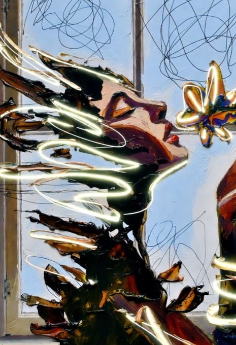 An abstract digital artwork featuring a stylized portrait with sweeping yellow neon-like light trails swirling around a face, set against a background of blue sky and bare tree branches seen through a window.