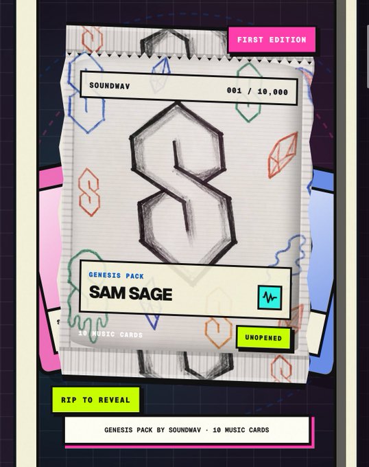 A digital collectible card pack labeled 'SOUNDWAV' and 'GENESIS PACK - SAM SAGE', marked 'FIRST EDITION' and numbered '001 / 10,000', with an 'UNOPENED' tag and a 'RIP TO REVEAL' button.
