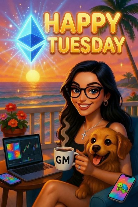 A vibrant cartoon-style 'HAPPY TUESDAY' graphic featuring a woman with glasses holding a golden retriever, alongside a GM coffee mug, a laptop showing trading charts, and an Ethereum logo against a sunset beach backdrop.