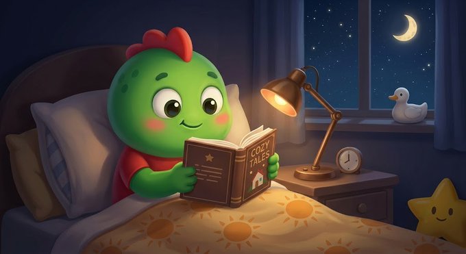 A cute green character reads "COZY TALES" in bed under a lamp, with a peaceful night sky and moon outside. The image ties to the post by illustrating the cozy bedtime routine that better sleep and recovery enable—setting the stage for the sharper focus needed to spot opportunities in Web3.