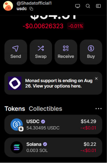 The image shows a Phantom crypto wallet interface for @Shadatofficial1 displaying a balance of 54.30495 USDC ($54.29) and 0.003 Solana ($0.22), along with a notification about Monad support ending on August 26. The wallet screenshot appears to serve as visual proof of the USDC balance to support the post's claims about earning "Instant USDC FREE" rewards through paybox.sh.