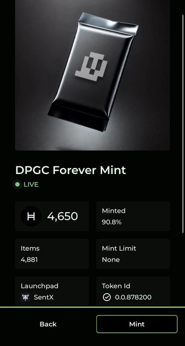 A mobile app screen showing a 'DPGC Forever Mint' NFT collection with 4,650 minted (90.8%) out of 4,881 items, on the SentX launchpad with token id 0.0878200.