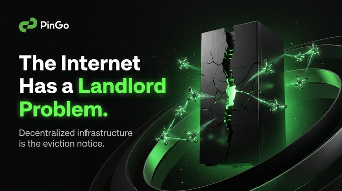 An advertisement for PinGo featuring the text 'The Internet Has a Landlord Problem. Decentralized infrastructure is the eviction notice.' against a dark background with a cracked server tower and green network graphics.