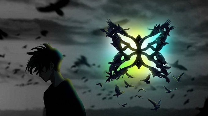 An anime-style illustration showing a silhouetted figure with closed eyes and dark hair in profile, while a glowing green butterfly composed of crow silhouettes radiates light against a cloudy sky filled with flying birds.