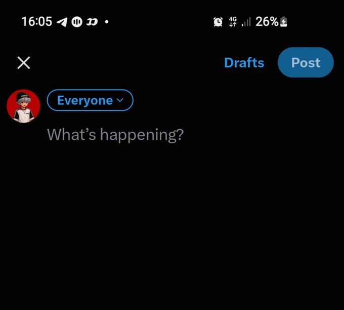 A screenshot of the X (Twitter) post composer showing an empty "What's happening?" text box with the visibility set to "Everyone" at 16:05, reflecting the poster's uncertainty about what to share amid dev and project stress, despite still celebrating a win.