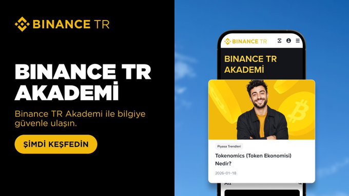 A Binance TR Akademi promotional banner featuring a smartphone display showing an article titled "Tokenomics (Token Ekonomisi) Nedir?" dated 2026-01-18, alongside a yellow "ŞİMDİ KEŞFEDİN" (Discover Now) call-to-action button. The image visually supports the post's theme by showcasing the educational platform's comprehensive content offerings across topics like token economics, DeFi, and on-chain analysis.