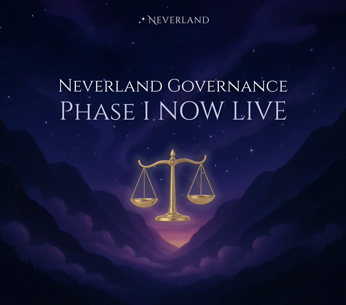 The image features a golden scale with a book titled "Neverland Governance" written above it, along with the phrase "Phase I Now Live" below it. The background of the image depicts a mountain range under a starry night sky.