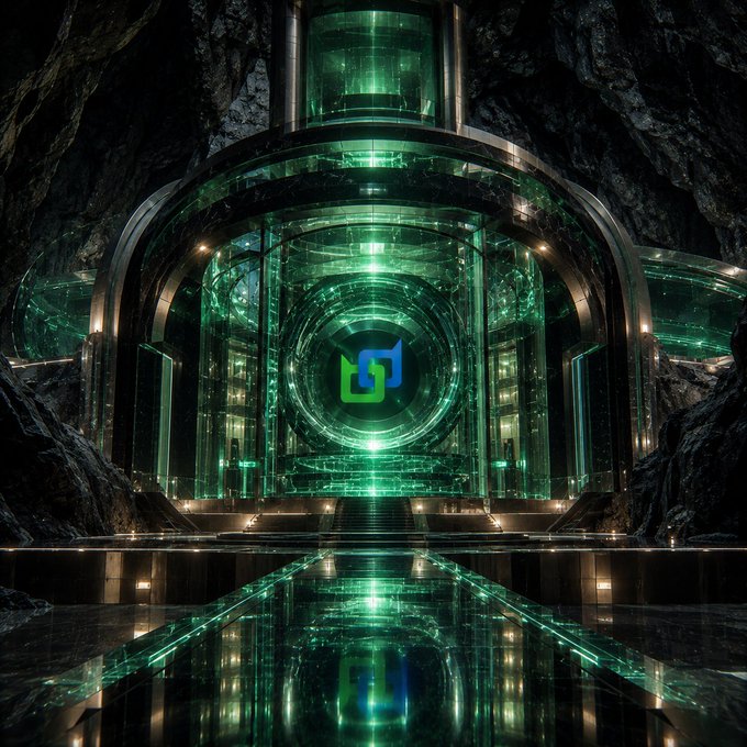 A futuristic emerald-lit glass and metal structure, resembling an underground vault or temple with a glowing blue-and-green "B" logo at its center, reflects off a mirrored walkway, symbolizing Beldex's private and secure approach to Web3's evolution beyond mere transparency.