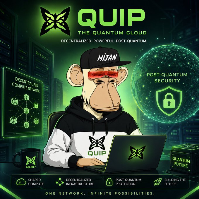 A promotional graphic for 'QUIP - The Quantum Cloud' featuring an illustrated monkey character wearing a 'MIJAN' cap and red glasses working on a laptop, highlighting decentralized compute network and post-quantum security.