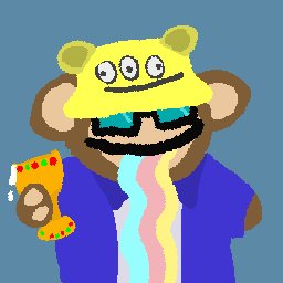 A pixel art drawing of a monkey character wearing a yellow three-eyed bear hat and sunglasses, holding a slice of pizza with a rainbow-colored shirt.