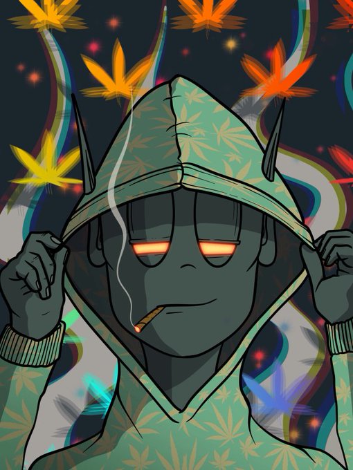 An anime-style illustration of a character in a green cannabis-patterned hoodie with glowing orange eyes, smoking a joint, surrounded by marijuana leaves on a dark, colorful background.