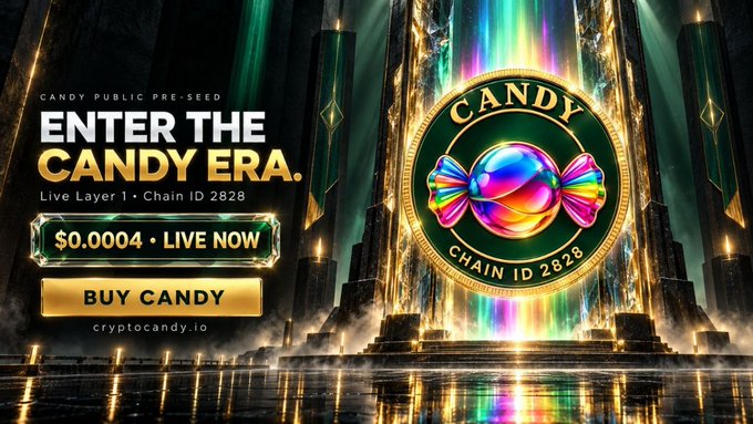 A promotional banner for 'CANDY PUBLIC PRE-SEED' with the tagline 'ENTER THE CANDY ERA. Live Layer 1 • Chain ID 2828', showing a price of $0.0004, a 'BUY CANDY' button, and a rainbow candy logo directing to cryptocandy.io.