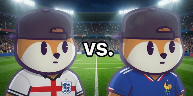 A promotional graphic featuring two cartoon dog-like mascots wearing England (Three Lions) and France (Rooster) soccer jerseys, facing off in a stadium with 'VS.' displayed between them.