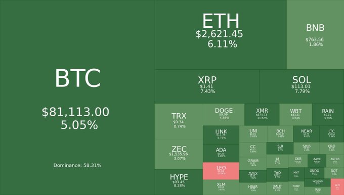 A green-themed cryptocurrency market heatmap displaying BTC at $81,113.00 (5.05%, 58.31% dominance), ETH at $2,621.45 (6.11%), and various altcoins including BNB, XRP, SOL, DOGE, TRX, and others with their prices and percentage changes.