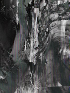 A distorted, glitch-effect image with grayscale streaks and shadowy shapes resembling warped figures or faces.