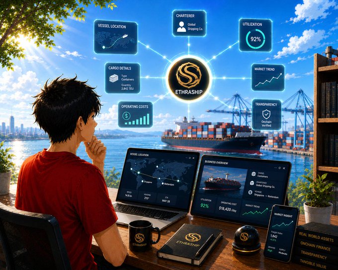 A digital illustration of a person at a desk with laptops and a mug (branded 'ETHRASHIP') looking out at a cargo ship and shipping port, surrounded by a holographic overlay showing 'ETHRASHIP' metrics like Vessel Location, Charterer, Utilization 92%, Cargo Details, Market Trend, Operating Costs, and Transparency.