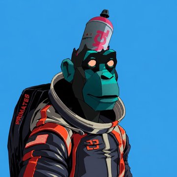 A stylized illustration of a cyan-skinned ape astronaut wearing an orange and black space suit with "PRIMATES" written on it, a spray paint can perched on its head, and "23" on its chest. The artwork ties to the @Primatesnft NFT project, portraying a space-faring primate character that fits the collection's cosmic theme.