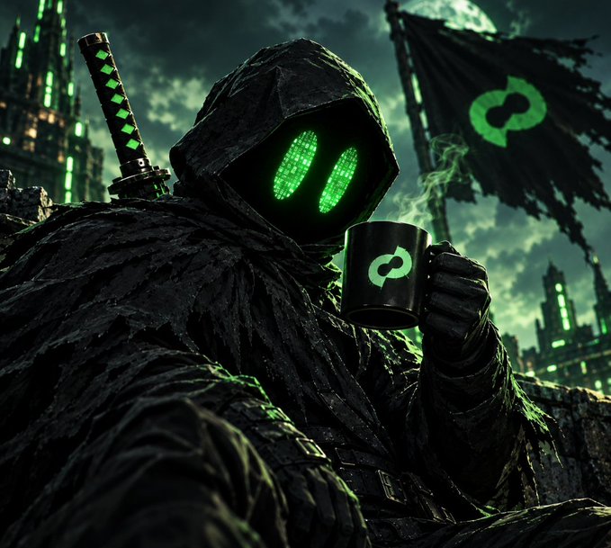 Digital artwork depicting a hooded, shadowy warrior figure with glowing green digital eyes holding a mug, with a katana and a dark cityscape in the background.