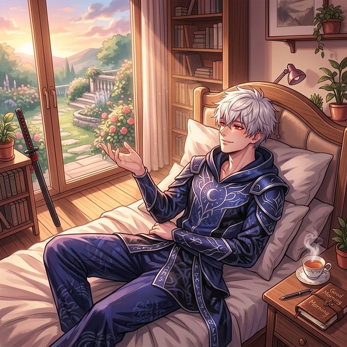 An anime-style illustration of a white-haired male character in blue and purple robes sitting on a bed, looking toward a window showing a sunset garden, with a sword and books nearby.