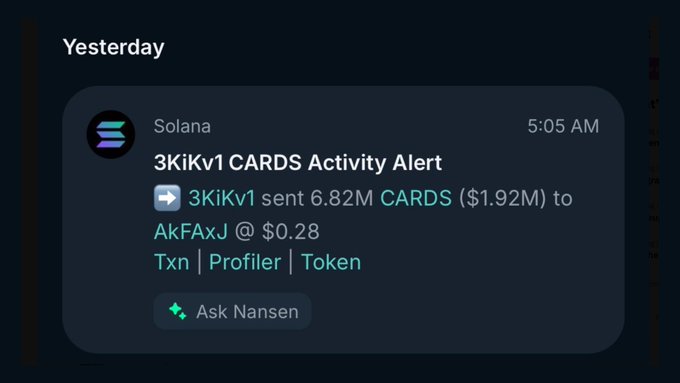 The image shows a Nansen activity alert from "Yesterday" at 5:05 AM on Solana, indicating that wallet "3KiKv1" sent 6.82M CARDS tokens ($1.92M) to "AkFAxJ" at $0.28 per token. This transaction aligns with the post's claim that a KOL (Hayes) dumped a large position of $CARDS tokens, causing the token's price to dip.