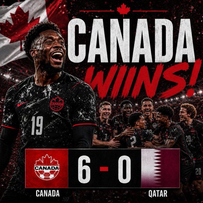 The image features a soccer player wearing a black jersey with "Canada" written across the front of it, surrounded by his teammates celebrating their victory over Qatar. The text "CANADA WINS!" is prominently displayed above them, indicating their triumph. The background includes a red and white flag, which could be associated with the teams playing in this match or representing different countries.
