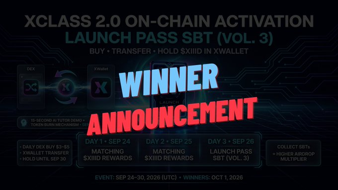 A promotional graphic announcing 'WINNER' for the 'XCLASS 2.0 ON-CHAIN ACTIVATION LAUNCH PASS SBT (VOL. 3)' event, showing a schedule with dates Sep 24-26 and the announcement on Oct 1, 2026.