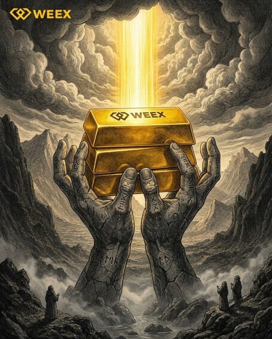 A towering deity made of stone cradles two massive gold bars branded "WEEX" in its hands, with a divine golden light piercing through dark clouds above. Tiny robed figures stand below in reverence, mirroring the post's theme of "GM! AGOSTO" by suggesting a grand, awe-inspiring start to the month where the WEEX brand is celebrated as an almost holy treasure.