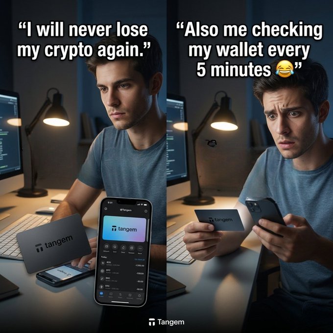 A two-panel Tangem crypto wallet advertisement showing a man looking confidently at his laptop and then anxiously checking a small wallet card, with captions 'I will never lose my crypto again.' and 'Also me checking my wallet every 5 minutes 😂'.