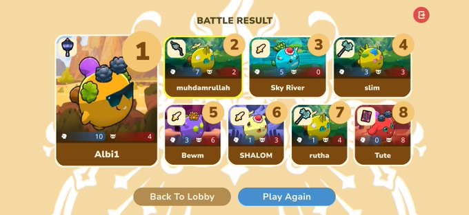 A game battle result screen showing 8 players with Albi1 in first place, followed by muhdamrullah, Sky River, slim, Bewm, SHALOM, rutha, and Tute, with options to 'Back To Lobby' or 'Play Again'.