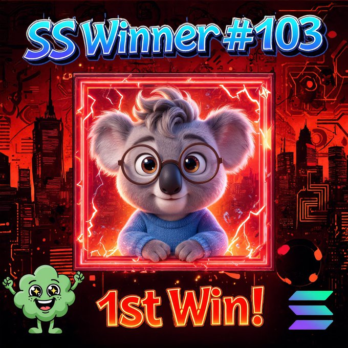 A celebratory "SS Winner #103" graphic features a cute animated koala wearing glasses and a blue sweater, with "1st Win!" displayed below, announcing the winner of the Smurf Spotlight V2 contest on day 103.